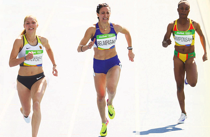 Janet Amponsah of Ghana (right) competes with Germany’s Gina Luckenkemper and Maria Belimpasaki of Greece in the women's 200m.